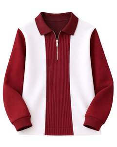 Sweat-shirt polo zippé rouge et blanc pour homme, avec empiècements côtelés, en molleton décontracté, à manches longues, style streetwear, coupe premium - Product Image 1