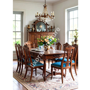 Ensemble de table à manger en bois massif artisanal de luxe pour 6 personnes, chaises sculptées ornées, finition miel premium - Product Image 1