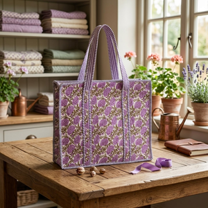 Bolso Acolchado de Algodón con Diseño Floral Morado Estilo Boho, Bolso Tote Blanco de Gran Capacidad con Ribete a Rayas, Obra Maestra de Alta Calidad - Product Image 4