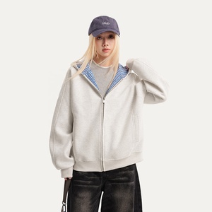 Haute qualité coton Poly mélange unisexe surdimensionné jeunesse mode veste à capuche à carreaux décontracté Streetwear doublé à carreaux sweat à capuche zippé - Product Image 3
