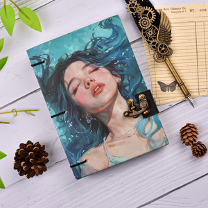 Carnet en papier fait main A5, design artistique portrait de fille, journal vintage |   Agenda écologique avec fermeture à bouton, livre recyclé - Product Image 1