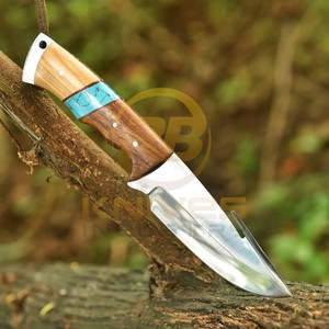 Couteaux RB faits main sur mesure, couteau de chasse/découpe en acier Damas DIY, manche en bois, lame fixe, camping en plein air, bushcraft, cuir - Product Image 5