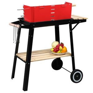 85*42*86cm Black Red Square Enamel Charcoal Oven with Four Legs and Wheels for Outdoor BBQ Grills - Product Image 4