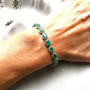 Genuine Emerald Oval Halo Silver Luxury Beaded Adjustable <b>Bracelet</b> GIA Certified Elegant Green <b>Gemstone</b> Jewelry May Birthstone - Product Image 5