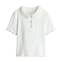 Camiseta Polo de Punto Acanalado con Bordado para Niñas, de Poliéster/Algodón, Teñida, Transpirable, Antipilling, de Secado Rápido