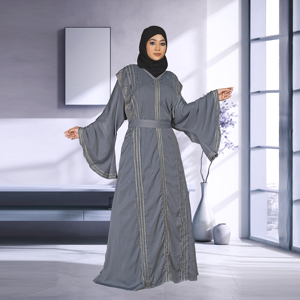 Nida Modest Islamic <b>Eid</b> Abaya V Neck Decorative Vertical Embellished Panels Adjustable Waist Tie Flowy Sleeve Floor Length Party - Product Image 3