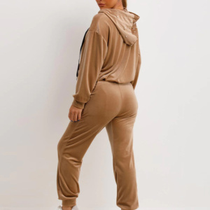 Ensemble de survêtement en velours pour femmes grandes tailles, pantalon long à capuche, poches latérales, couleur unie, vêtements décontractés d'automne - Product Image 1