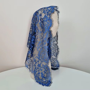 Catholic Royal Blue French <b>Lace</b> Mantilla Veil for Women Embroidered Warp Knit Floral Design <b>Elastic</b> 110cm Width Gift Korea - Product Image 5