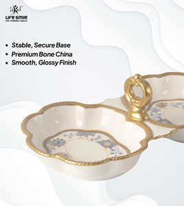Luxury Bone China Double-Section Serving Dish with Elegant <b>Gold</b> Stand , Nuts platter with Golden <b>Rim</b> & Premium Floral Design - Product Image 3