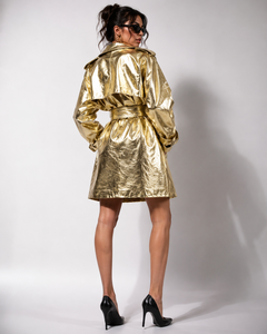 Women’s Oversized Real <b>Leather</b> Trench Coat – Premium Metallic Gold Luxury <b>Leather</b> <b>Jacket</b> with Belt | Custom OEM Manufacturer - Product Image 2