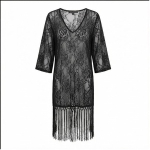 Women Black Lace V-Neck Dress With <b>Fringe</b> Hem Floral Pattern Sheer Overlay Regular Fit 1 Piece Bikinis & Beachwear - Product Image 1