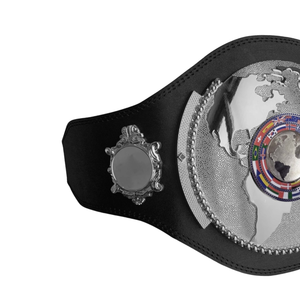 Ceinture de championnat mondial de lutte, design globe argenté, cuir noir, titres personnalisables de luxe - Product Image 3