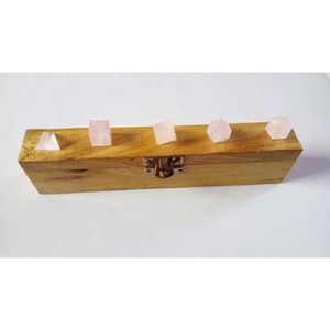 Juego de 5 Piedras Preciosas de Cuarzo Rosa, Geometría Platónica, Caja de Madera, Cristales Curativos, Meditación, Feng Shui, Hecho a Mano - Product Image 1