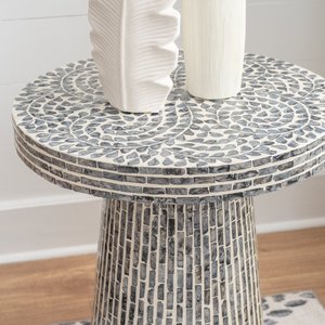 Round Bone Inlay Side Table With Mosaic Pattern Contemporary Design For Living Room Durable Glossy Finish Standing Type - Product Image 4