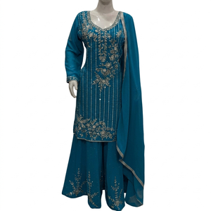 FAMUCAAS Hermoso Conjunto de Vestido Bordado a Mano para Mujer con Salwar/Plazo/Sharara de Georgette Blanca para Bodas y Fiestas, Ropa Étnica - Product Image 4