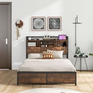 Struttura letto matrimoniale/queen size in metallo con testiera libreria a 3 ripiani e stazione di ricarica - Product Image 3