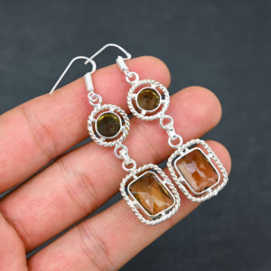 Boucles d'oreilles pendantes personnalisées en quartz fumé de synthèse, style goutte, en argent sterling plaqué, cadeaux en cristal pour femmes, prix d'usine - Product Image 3