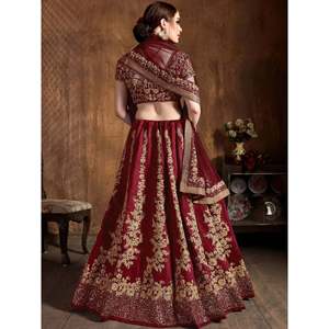 Conjunto de Lehenga Choli de Seda con Bordado Dori Color Granate para Bodas, Talla Grande - Product Image 4