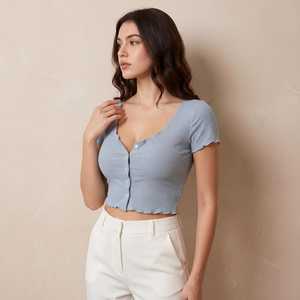Women's Light Blue Ribbed <b>Cropped</b> <b>Top</b> With Button Front V-Neck Short Sleeve Slim Fit Casual Spring Summer Wear - Product Image 1