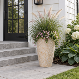 Tropical Resort <b>Garden</b> Foliage Pattern Round Tall Plant Pots Fiber Cement <b>Cream</b> Trio Walkway Poolside Planting - Product Image 5