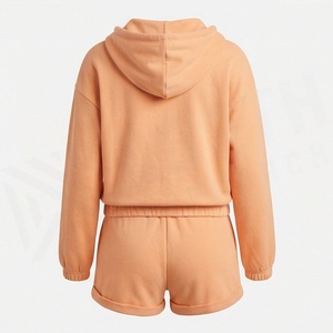 Ensemble 2 pièces en polaire pour femmes, avec short à capuche, couleur unie, coupe ample, vêtements de sport décontractés, longueur au-dessus du genou, manches longues, fermeture éclair sur le devant - Product Image 2