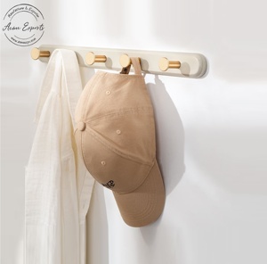 Modern Wall Mounted <b>Wooden</b> <b>Coat</b> Rack with Gold <b>Hooks</b> Space Saving Durable Organizer for Hats Scarves and Home Decor - Product Image 1