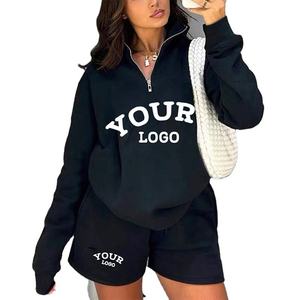 Conjunto de 2 piezas de pantalones cortos para mujer, de algodón tejido negro, ajuste holgado, estampado de letras, ropa deportiva informal para primavera y verano, top con cremallera y pantalones cortos - Product Image 1