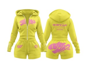 Conjunto Deportivo de Dos Piezas con Diseño Personalizado Vintage, Sudadera con Cierre y Pantalones Cortos con Parches, Fabricante de Conjuntos Deportivos para Mujer - Product Image 2