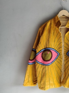 Hand Embroidered Velvet Jacket Women's Mandarin Collar Full Sleeve Autumn <b>Coat</b> Regular Length Eye Pattern Bohemian Style GIFT - Product Image 4