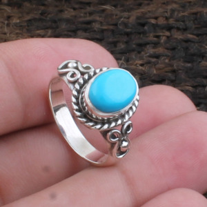 Anillo con Bisel de Turquesa Natural, Plata de Ley 925, Estilo Vintage, Piedra Azul, Joyería de Turquesa Genuina para Mujer - Product Image 1