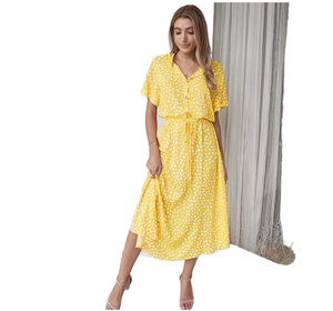 Vestido Camisero Amarillo con Estampado de Lunares para Mujer, Verano, Casual, Largo Midi, Manga Corta, Cuello Camisero, Corte Holgado, Tejido de Tela - Product Image 5