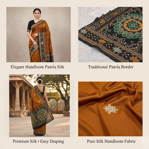 Sari de Seda Patola Naranja Puro con Tejido a Mano |   Ropa Étnica Tradicional de Diseñador para Mujer con Blusa sin Coser - Product Image 5