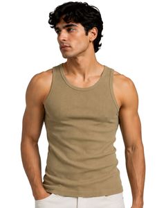 Manufacturer Custom <b>Khaki</b> Ribbed Cotton Men Tank <b>Top</b> Sleeveless Gym Fitness Vest Summer Casual Slim Fit Custom Logo Activewear - Product Image 1