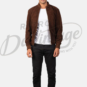 Chaqueta bomber de gamuza marrón oscuro para hombre, piel de oveja auténtica, corte ajustado, informal, estilo motociclista, con cremallera y puños acanalados. - Product Image 1