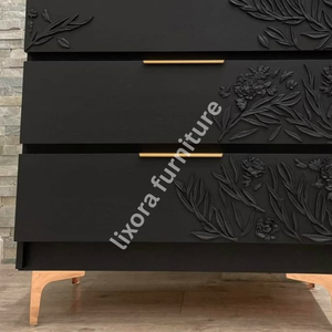 Luxury Handcrafted Solid Wood 3 Drawer Dresser Ornate Floral Branch Relief Carving Matte Black Finish - Product Image 2