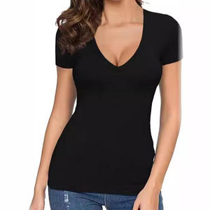 Camisetas de Verano con Cuello Redondo para Mujer, Camisetas de Cuello en V de la Mejor Calidad OEM, Camisetas de Cuello Profundo de Algodón con Logotipo Personalizado al por Mayor - Product Image 5