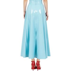 Light Blue PU Maxi Dress V-Neck Sleeveless A-Line Pleated Fitted Solid Color Party Wear Summer - Product Image 2