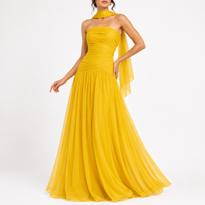Elegante Vestido de Noche Amarillo sin Tirantes, Estilo Imperio, Línea A, para Mujer, de Lujo, con Volantes, Satinado, Maxi, para Fiestas de Verano, Graduaciones, Bodas, con Lazo - Product Image 3