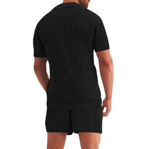 Camisas de verano para hombre, conjunto de 2 piezas de camiseta de manga corta con botones y cuello de malla hueca y pantalones cortos para vacaciones en la playa. - Product Image 5