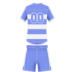 Conjunto de Uniforme de Rugby de Manga Corta Azul Periwinkle y Blanco, Jersey de Rugby a Rayas con Cuello Redondo, Pantalones Cortos con Cordón, Rendimiento Atlético - Product Image 2