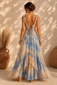 Vestido maxi bohemio de chifón con efecto tie-dye, cuello en V, sin mangas, dobladillo con volantes, cintura imperio, corte en A, vestido casual de verano - Product Image 2