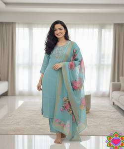 Conjunto de ropa étnica de algodón slub de moda con bordado, top, pantalón y dupatta, multicolor, de secado rápido, en stock, para oficina, color cielo. - Product Image 1