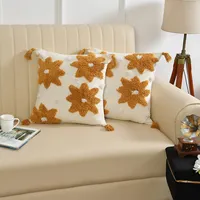 MORE Coussins et oreillers carrés en coton tufté brodés style bohème avec pompons pour la maison et l'hôtellerie