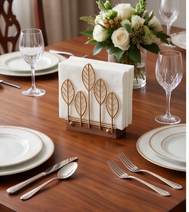 Elegant Leaf Design <b>Napkin</b> <b>Holder</b> With Wooden Base Golden Metal Tissue Stand For Dining Table Kitchen And Home Decoration - Product Image 4