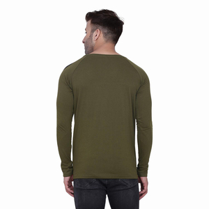 Camiseta de Manga Larga Color Verde Oliva para Hombre, Corte Ajustado, Ribete en Contraste, Cuello Redondo, Estilo Casual, Diseño de Color Sólido - Product Image 2