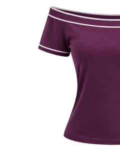 T-shirt femme violet prune à épaules dénudées avec bordure rayée blanche, manches courtes, coupe ajustée, décontracté, haut d'été, fabricant OEM personnalisé - Product Image 3