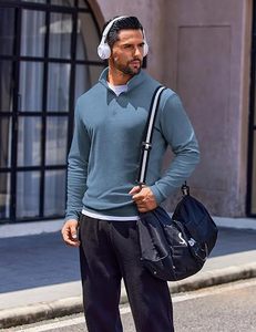 Men's Blue <b>Quarter</b> <b>Zip</b> Knitted <b>Sweater</b> Stand Collar Full Sleeve Solid Casual Quick Dry Polyester Shirt - Product Image 4