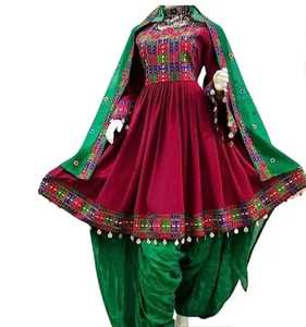 Robe culturelle afghane écologique pour femmes, manches longues, longueur genou, avec dentelle à la taille naturelle et broderie tribale authentique - Product Image 1