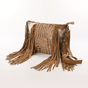 Handcrafted Eco-Friendly Alligator Print Cowhide Crossbody Bag with 60" Shoulder Strap and Suede Fringe Detailing - Product Image 2