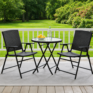 Outdoor Rattan <b>Bistro</b> Set With Round Glass <b>Table</b> And Two Chairs For Garden Patio Use - Product Image 1